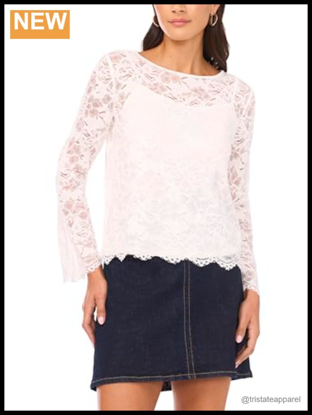 Lace Crew Neck Flare Sleeve Cropped Blouse, Polyester, Women's Top